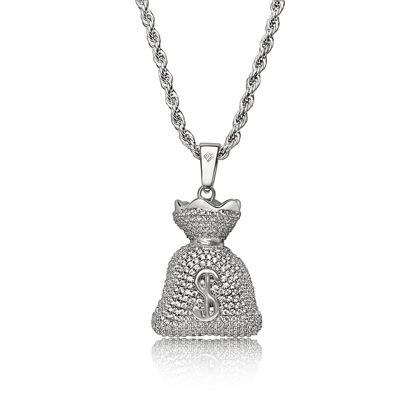 Iced Money Bag Pendant - White Gold