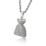 Iced Money Bag Pendant - White Gold