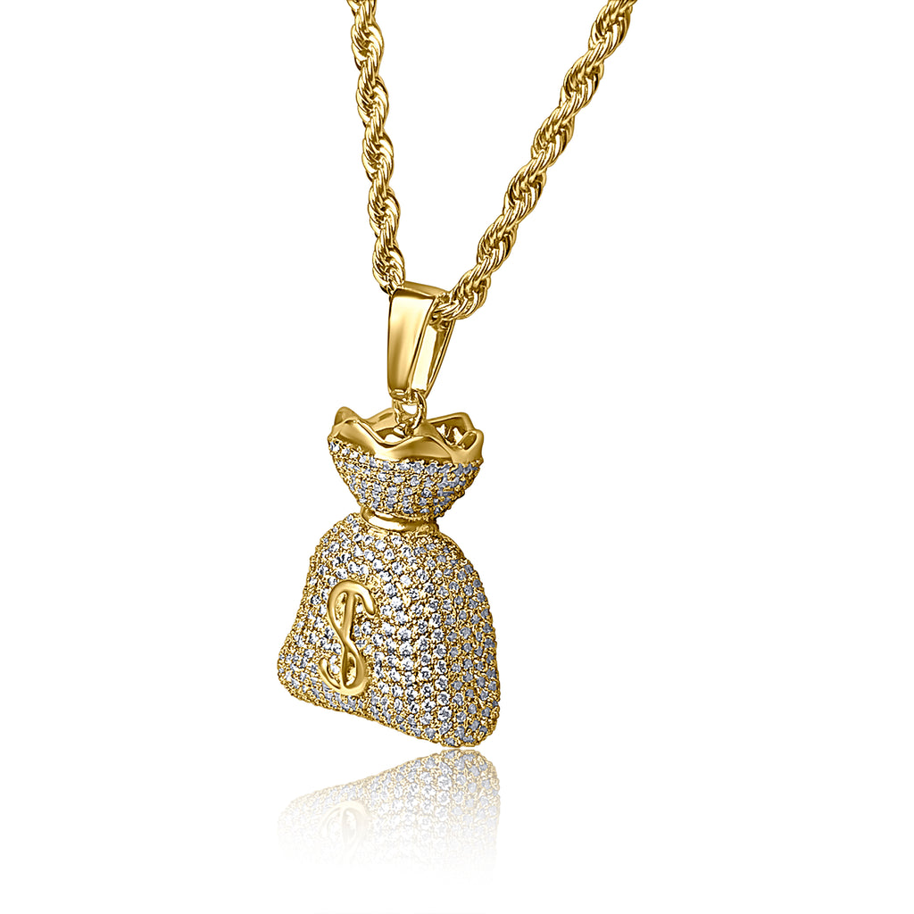 14K GOLD DIAMOND MONEY BAG DOLLAR SIGN PENDANT 0.90 CT - OMI Jewelry